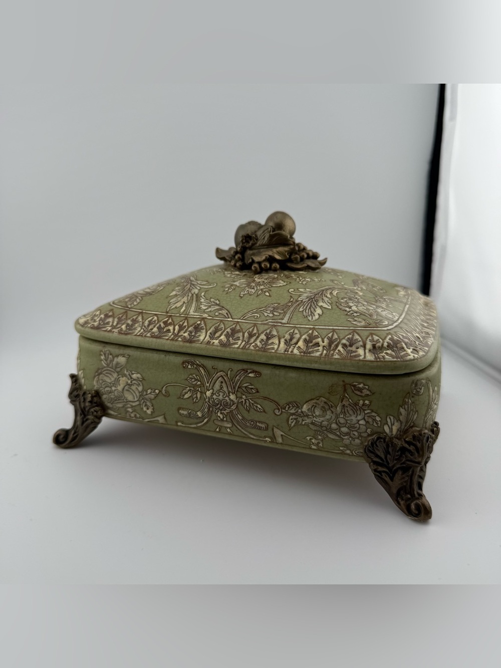Green Embossed Decorative Jewelry Box with Ornate Metal Accents